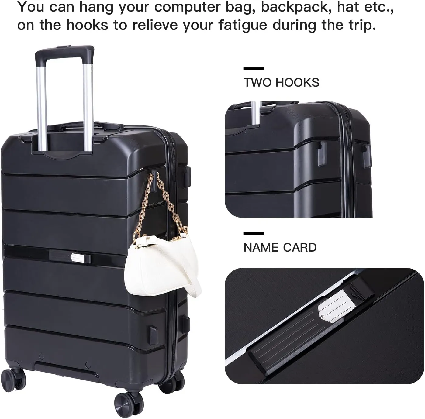 Luggage 3 Piece Expandable Suitcase with TSA Lock ABS, Durable Luggage Set, Lightweight Suitcase with 2 Hooks, Spinner Wheels - side 20in24in28in (Black)