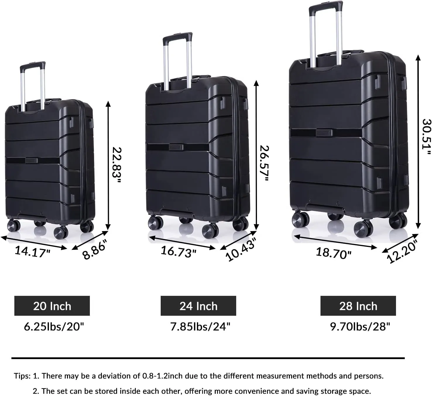 Luggage 3 Piece Expandable Suitcase with TSA Lock ABS, Durable Luggage Set, Lightweight Suitcase with 2 Hooks, Spinner Wheels - side 20in24in28in (Black)