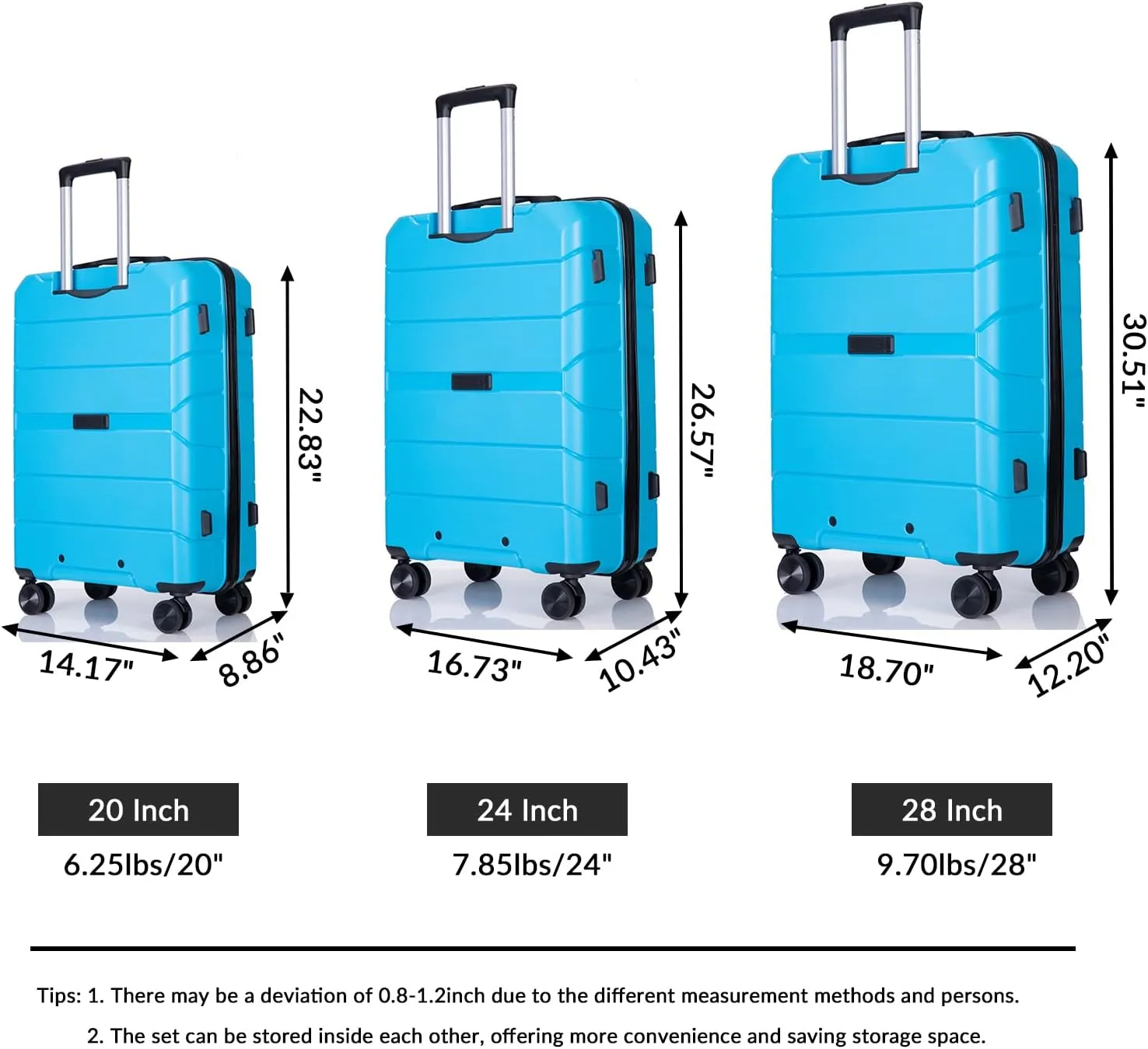 Luggage 3 Piece Expandable Suitcase with TSA Lock ABS, Durable Luggage Set, Lightweight Suitcase with 2 Hooks, Spinner Wheels - side 20in24in28in (Light Blue)