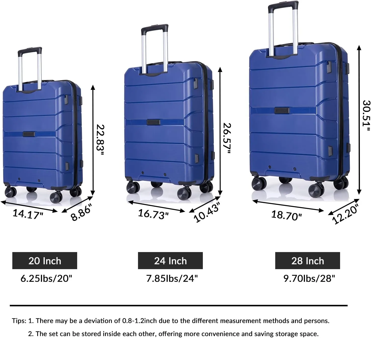 Luggage 3 Piece Expandable Suitcase with TSA Lock ABS, Durable Luggage Set, Lightweight Suitcase with 2 Hooks, Spinner Wheels - side 20in24in28in (Navy)