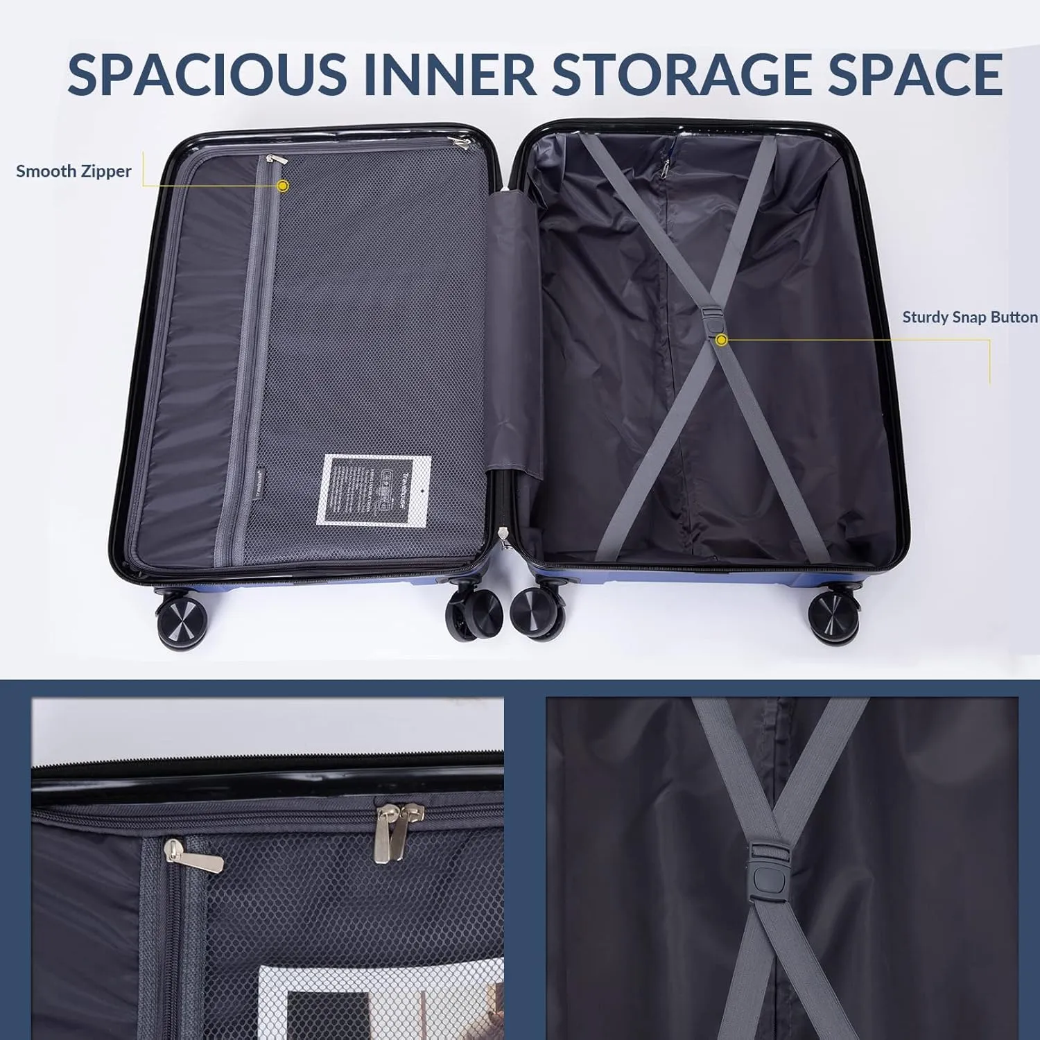 Luggage 3 Piece Expandable Suitcase with TSA Lock ABS, Durable Luggage Set, Lightweight Suitcase with 2 Hooks, Spinner Wheels - side 20in24in28in (Navy)