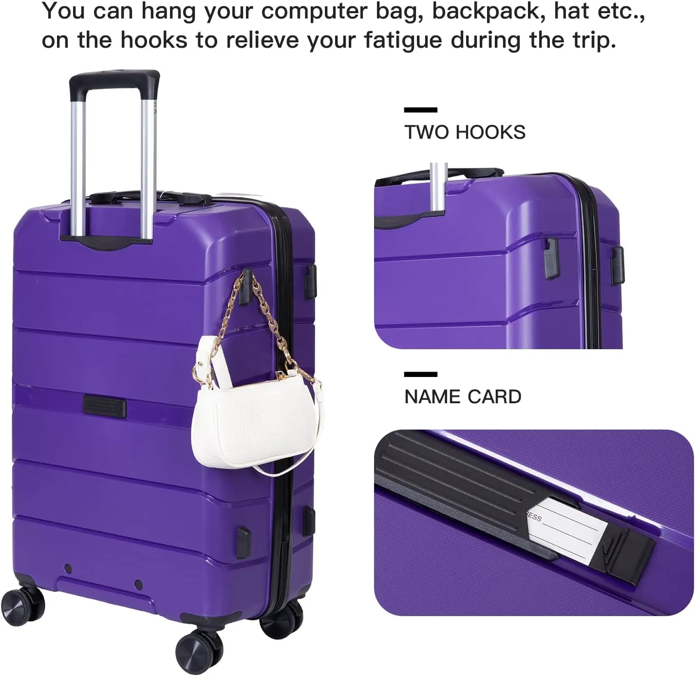 Luggage 3 Piece Expandable Suitcase with TSA Lock ABS, Durable Luggage Set, Lightweight Suitcase with 2 Hooks, Spinner Wheels - side 20in24in28in (Purple)