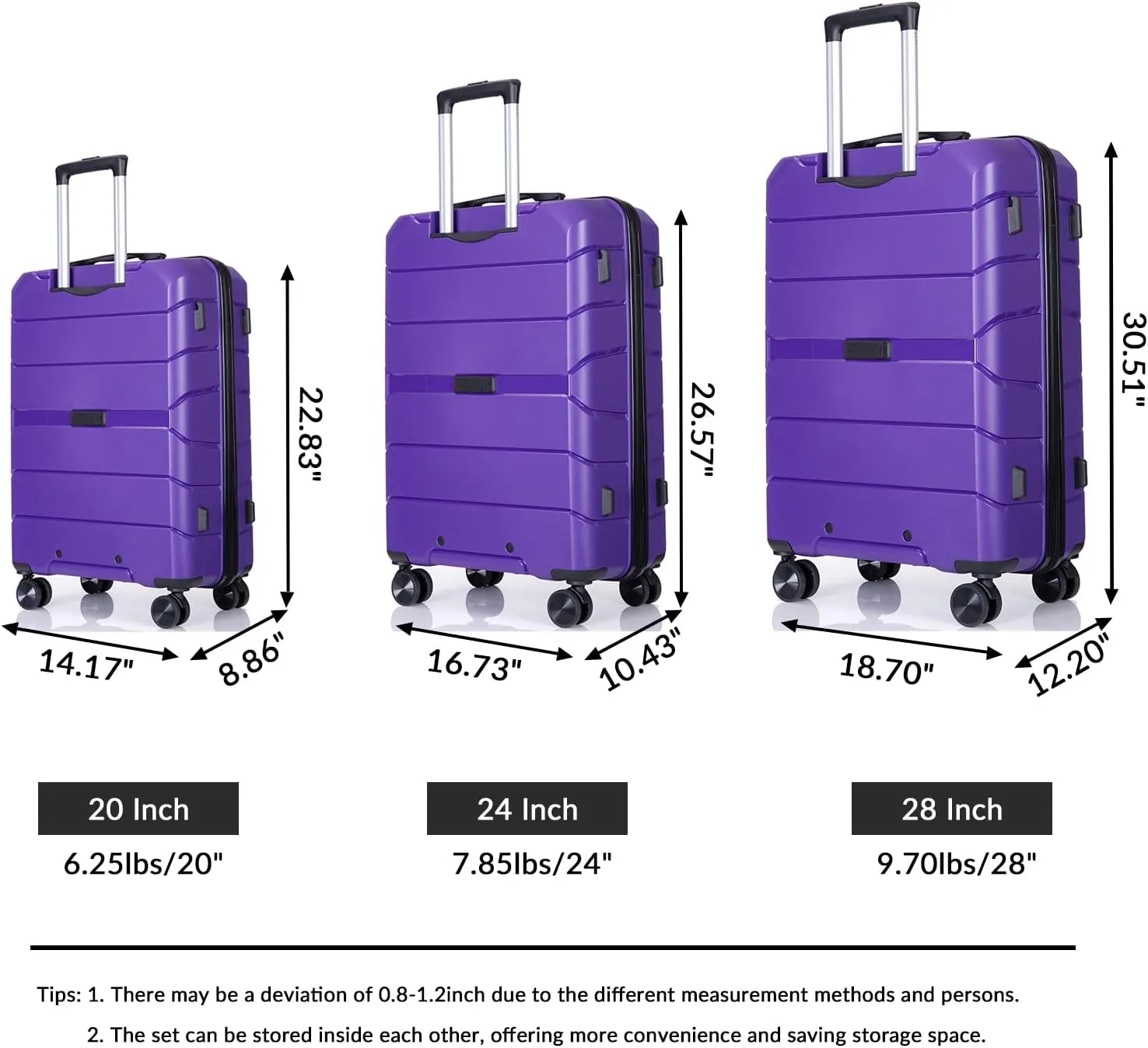 Luggage 3 Piece Expandable Suitcase with TSA Lock ABS, Durable Luggage Set, Lightweight Suitcase with 2 Hooks, Spinner Wheels - side 20in24in28in (Purple)