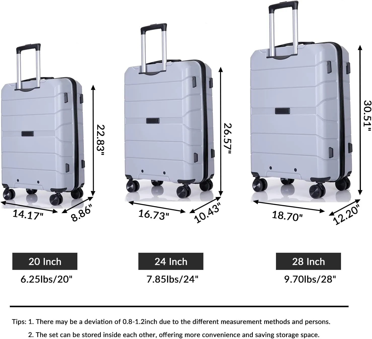 Luggage 3 Piece Expandable Suitcase with TSA Lock ABS, Durable Luggage Set, Lightweight Suitcase with 2 Hooks, Spinner Wheels - side 20in24in28in (Silver)