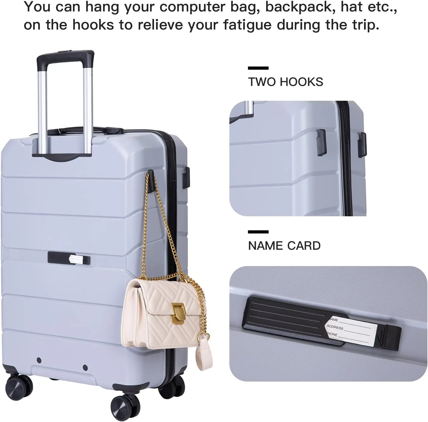 Luggage 3 Piece Expandable Suitcase with TSA Lock ABS, Durable Luggage Set, Lightweight Suitcase with 2 Hooks, Spinner Wheels - side 20in24in28in (Silver)
