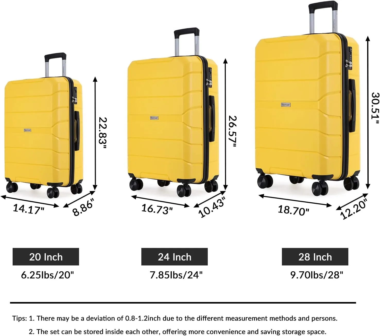 Luggage 3 Piece Expandable Suitcase with TSA Lock ABS, Durable Luggage Set, Lightweight Suitcase with 2 Hooks, Spinner Wheels - side 20in24in28in (Yellow)