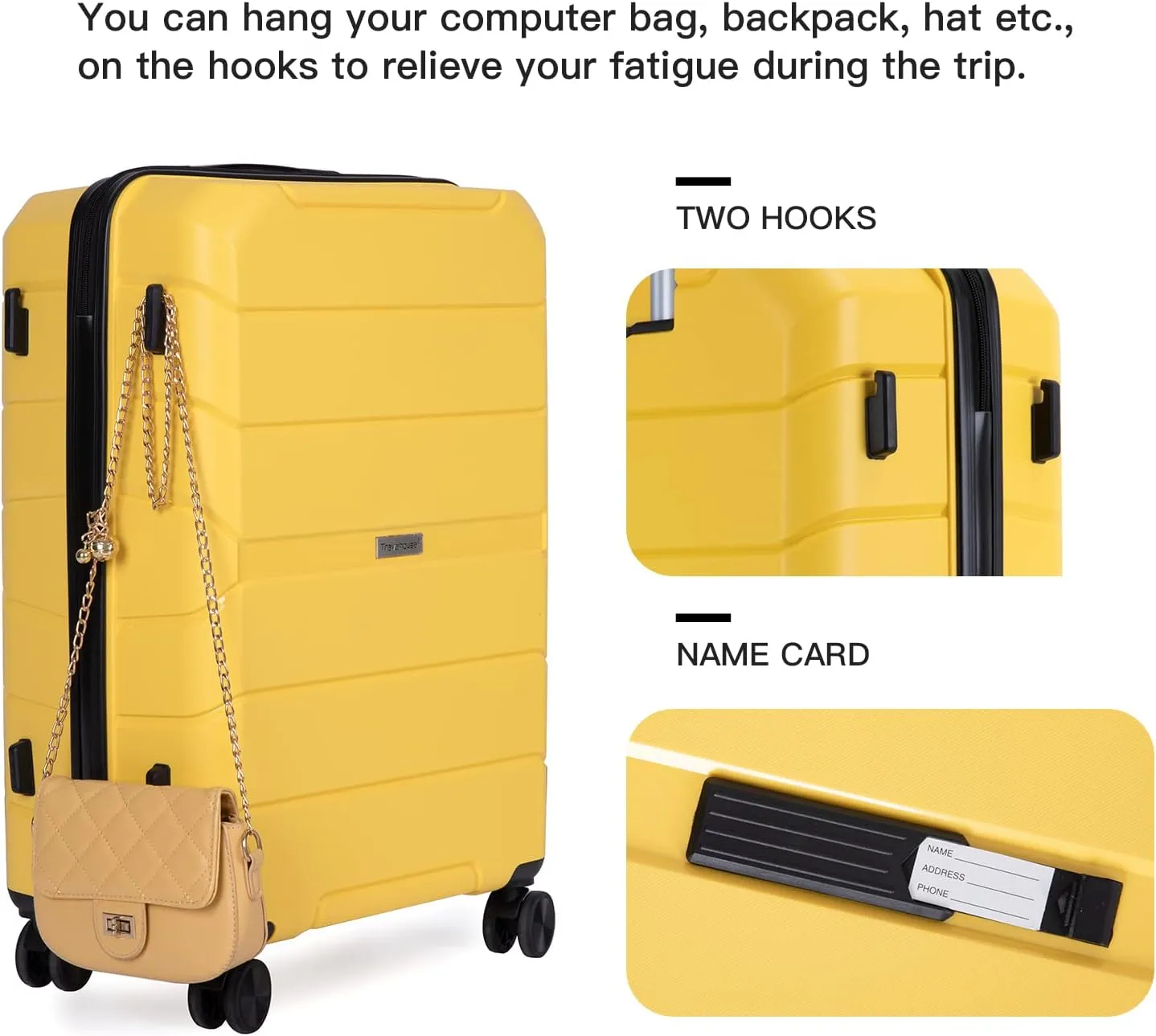Luggage 3 Piece Expandable Suitcase with TSA Lock ABS, Durable Luggage Set, Lightweight Suitcase with 2 Hooks, Spinner Wheels - side 20in24in28in (Yellow)