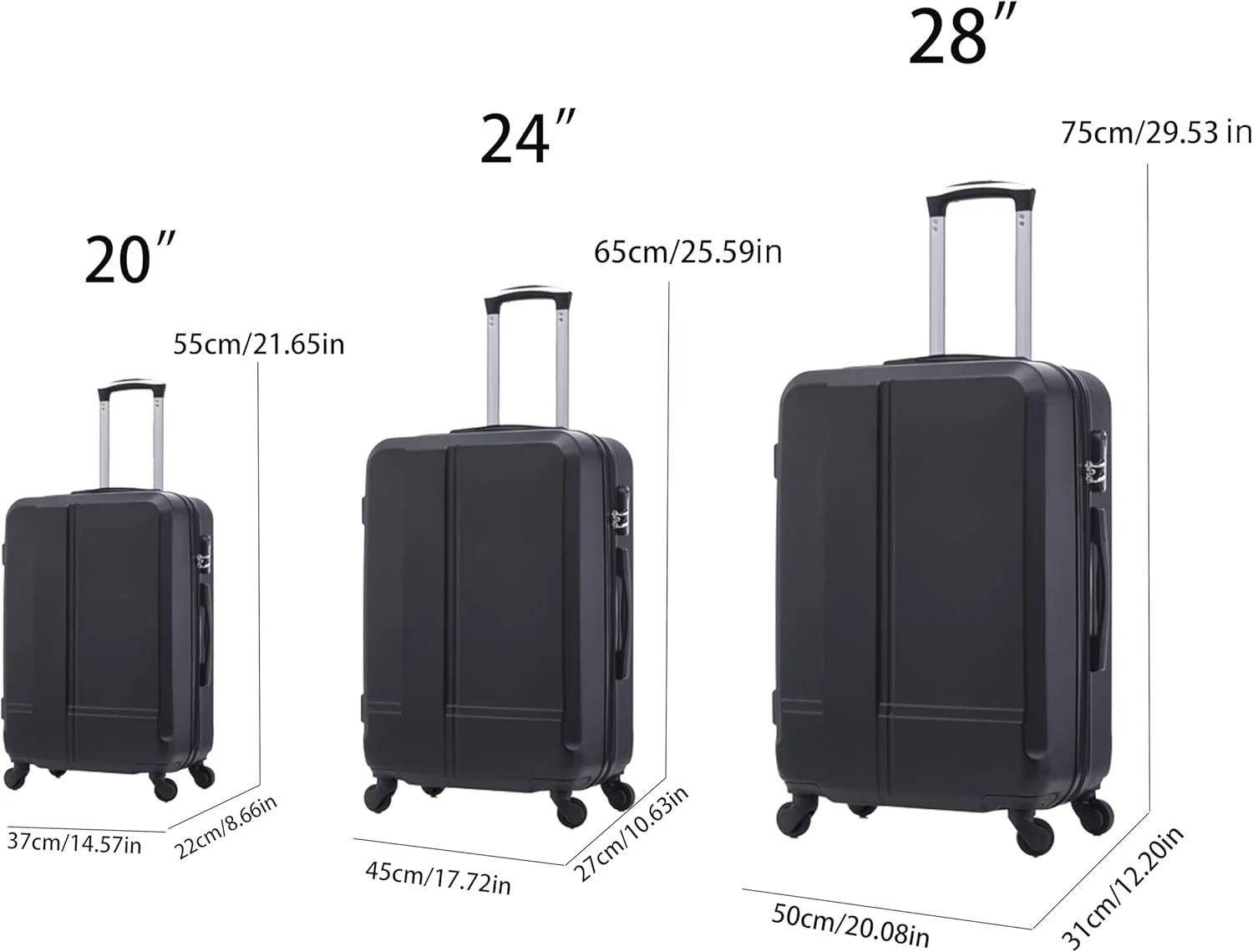Luggage 3 Piece Sets ABS Durable Lightweight Suitcase Sets with Hooks Spinner Wheels TSA Lock,Black(20in/24in/28in) (Black)