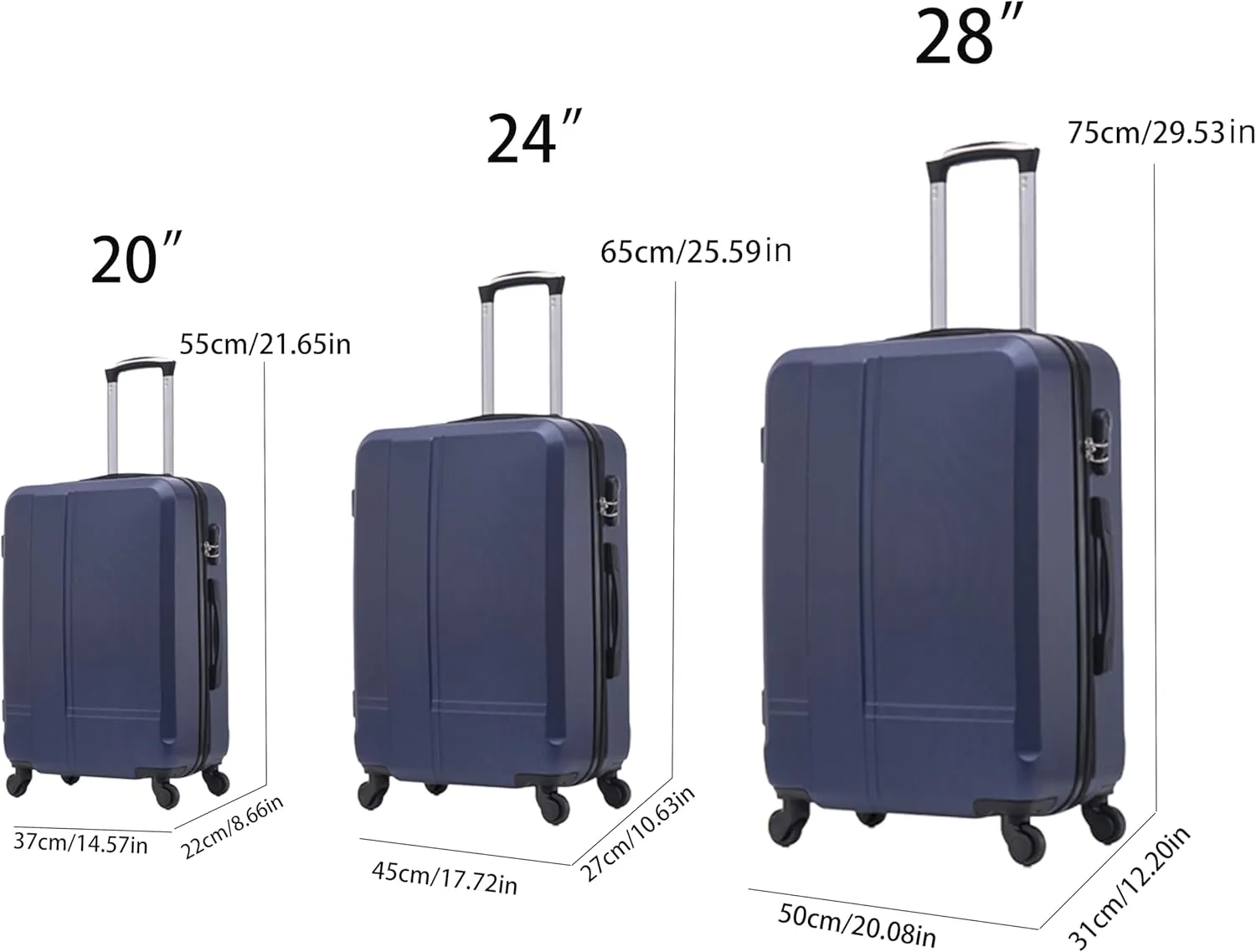 Luggage 3 Piece Sets ABS Durable Lightweight Suitcase Sets with Hooks Spinner Wheels TSA Lock,Black(20in/24in/28in) (blue)