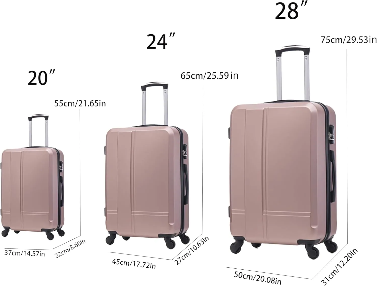 Luggage 3 Piece Sets ABS Durable Lightweight Suitcase Sets with Hooks Spinner Wheels TSA Lock,Black(20in/24in/28in) (rose gold)