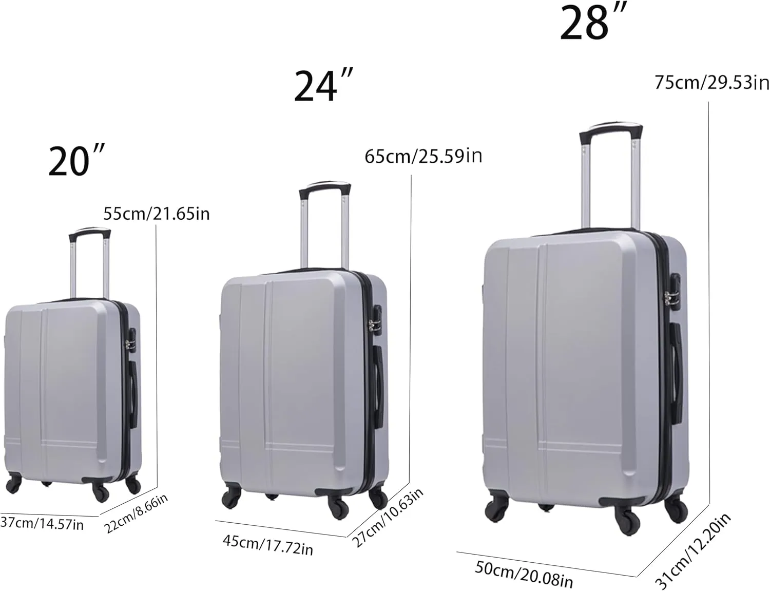 Luggage 3 Piece Sets ABS Durable Lightweight Suitcase Sets with Hooks Spinner Wheels TSA Lock,Black(20in/24in/28in) (silver gray)