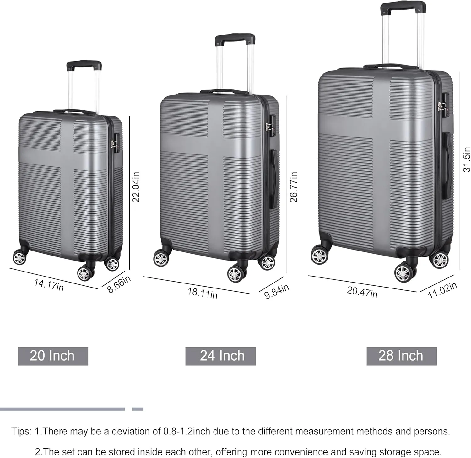 Luggage Set with 360 Spinner Wheels, TSA-Approved Locks, Lightweight and Durable Hard-Shell Suitcases for Travel, Business Trips, and Family Vacations (Gray, 3pcs-20/24/28in)