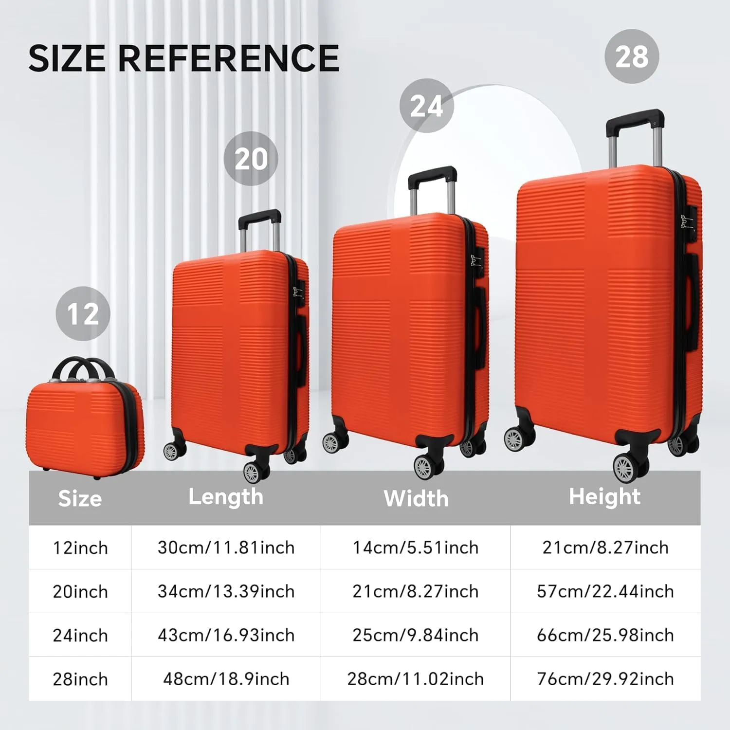 Luggage Set with 360 Spinner Wheels, TSA-Approved Locks, Lightweight and Durable Hard-Shell Suitcases for Travel, Business Trips, and Family Vacations (Orange, 4pcs-12/20/24/28)