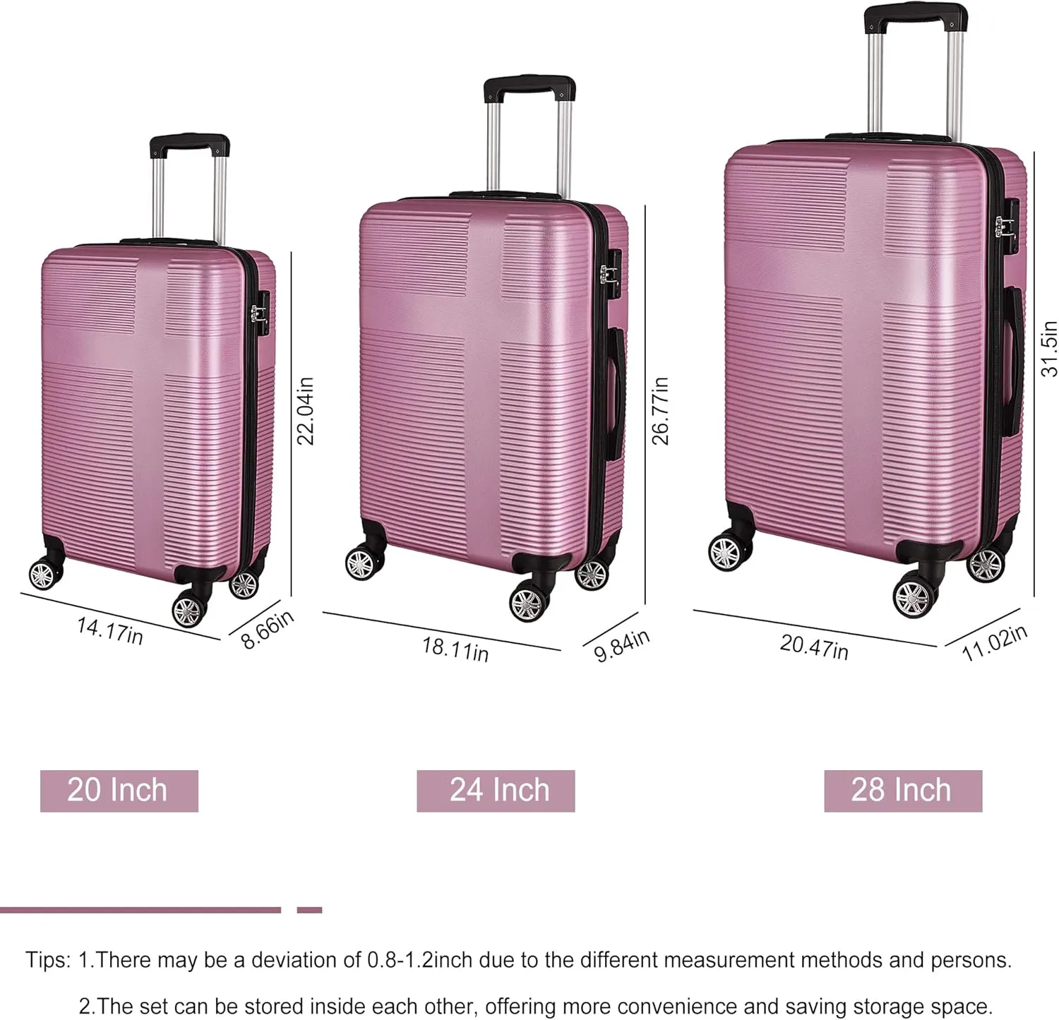 Luggage Set with 360 Spinner Wheels, TSA-Approved Locks, Lightweight and Durable Hard-Shell Suitcases for Travel, Business Trips, and Family Vacations (Pink, 3pcs-20/24/28in)