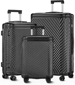 Luggage Sets 3 Piece, PC ABS Suitcase with Spinner Wheels, TSA Lock Luggage Sets with Carry on Luggage (Black, 202428)