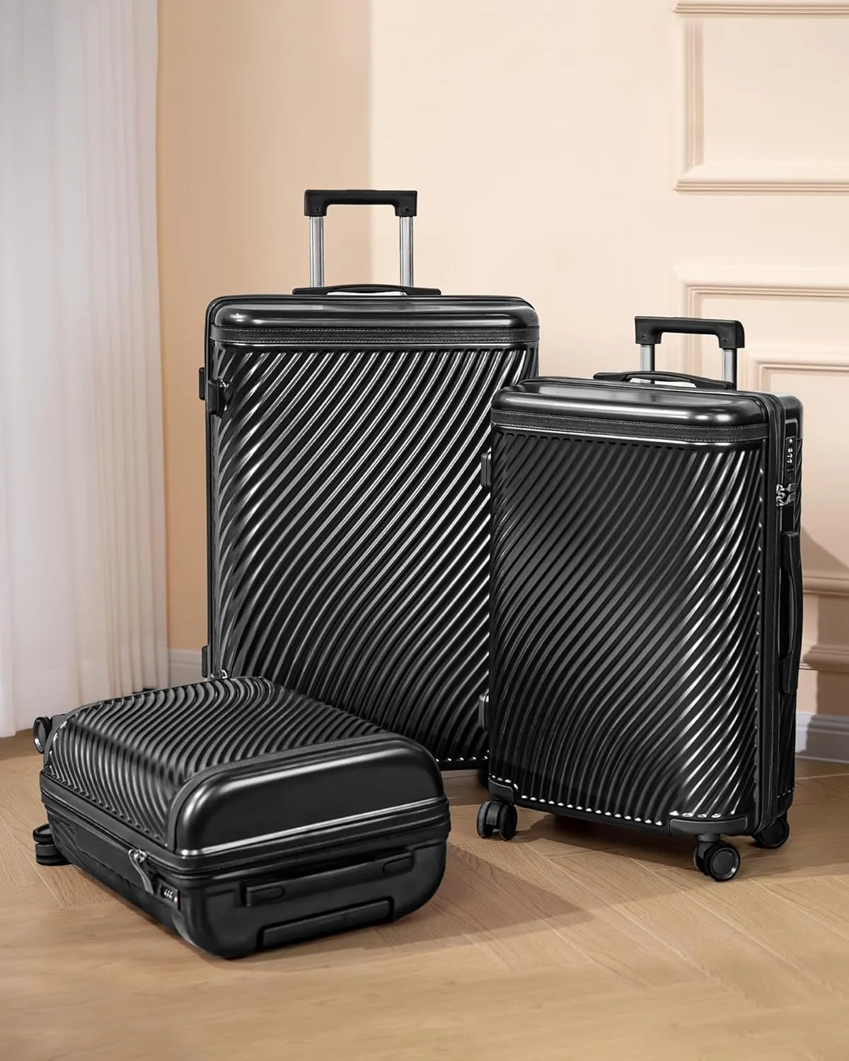Luggage Sets 3 Piece, PC ABS Suitcase with Spinner Wheels, TSA Lock Luggage Sets with Carry on Luggage (Black, 202428)