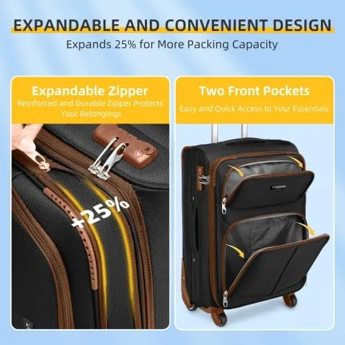 Luggage Sets 5 Piece Softside Expandable Suitcases Set with Spinner Wheels TSA Lock, Lightweight Soft Shell Rolling Travel Luggage Set Clearance for Men and Women (Black Brown)