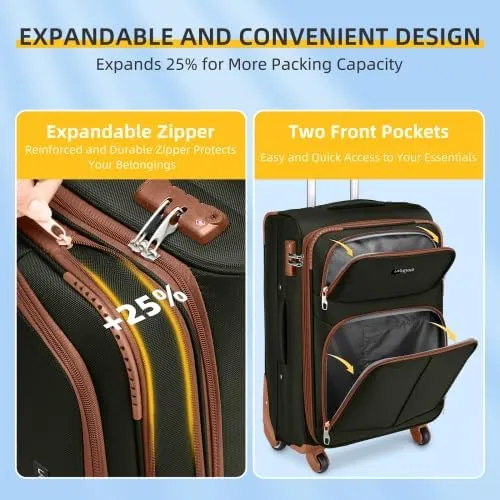 Luggage Sets 5 Piece Softside Expandable Suitcases Set with Spinner Wheels TSA Lock, Lightweight Soft Shell Rolling Travel Luggage Set Clearance for Men and Women (Brown Green)