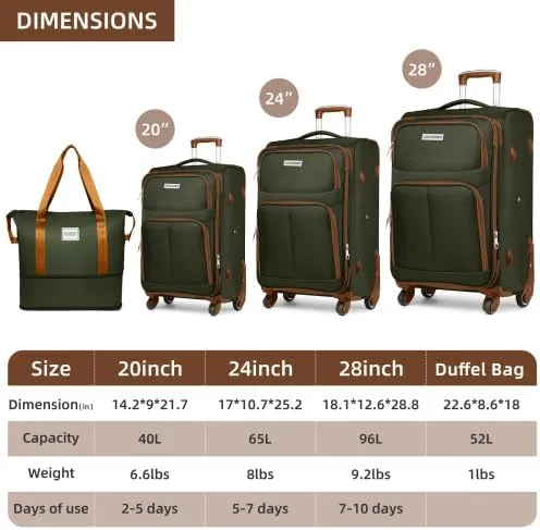 Luggage Sets 5 Piece Softside Expandable Suitcases Set with Spinner Wheels TSA Lock, Lightweight Soft Shell Rolling Travel Luggage Set Clearance for Men and Women (Brown Green)