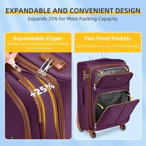 Luggage Sets 5 Piece Softside Expandable Suitcases Set with Spinner Wheels TSA Lock, Lightweight Soft Shell Rolling Travel Luggage Set Clearance for Men and Women (Purple)