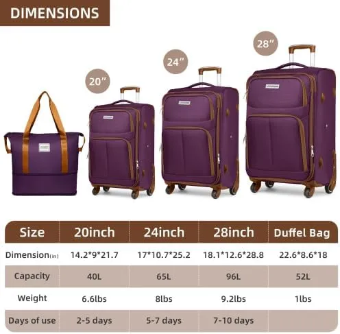 Luggage Sets 5 Piece Softside Expandable Suitcases Set with Spinner Wheels TSA Lock, Lightweight Soft Shell Rolling Travel Luggage Set Clearance for Men and Women (Purple)