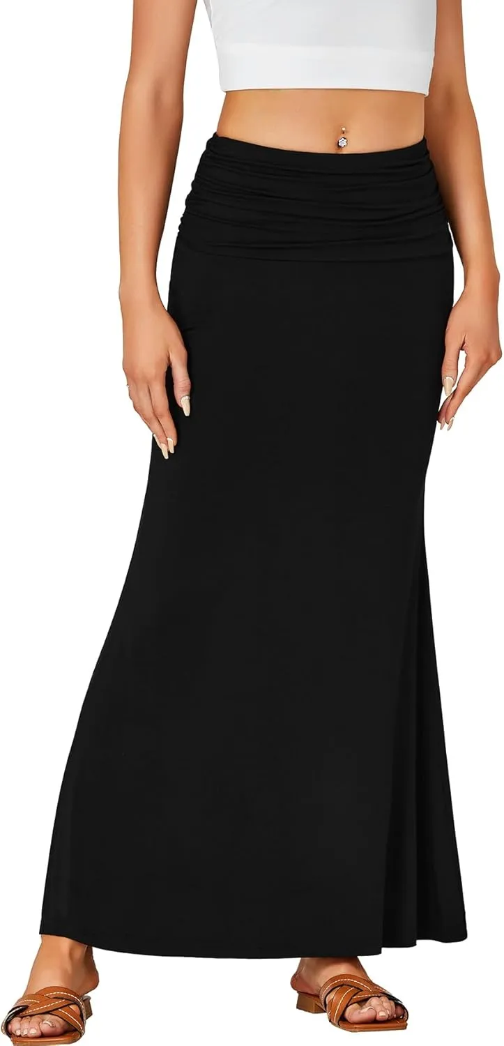 LYANER Women's Fold Over Waist Maxi Skirt Lightweight Floor Length Flared Long Skirts
