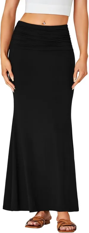 LYANER Women's Fold Over Waist Maxi Skirt Lightweight Floor Length Flared Long Skirts