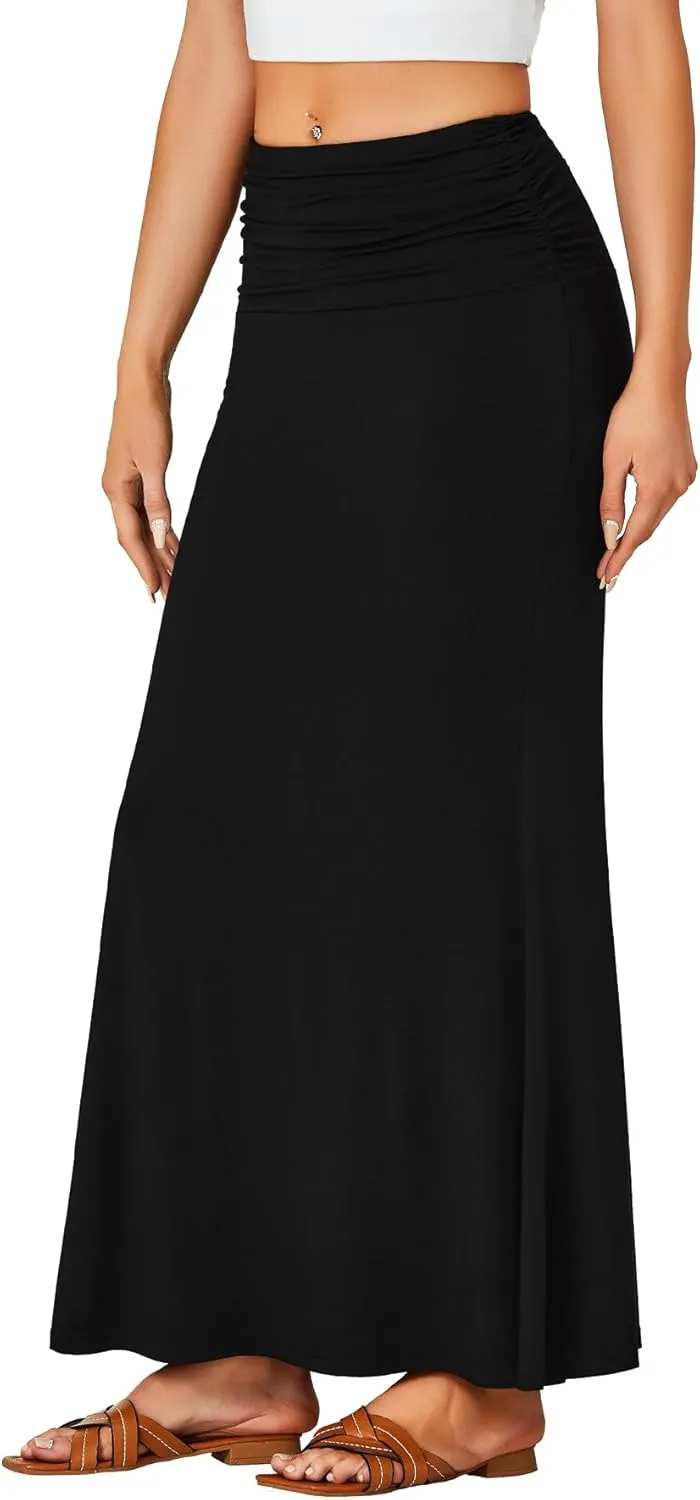 LYANER Women's Fold Over Waist Maxi Skirt Lightweight Floor Length Flared Long Skirts