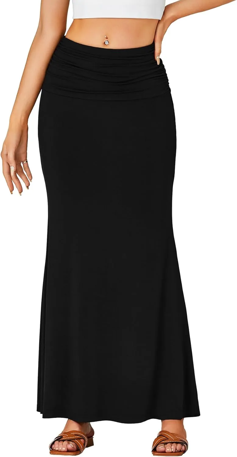 LYANER Women's Fold Over Waist Maxi Skirt Lightweight Floor Length Flared Long Skirts