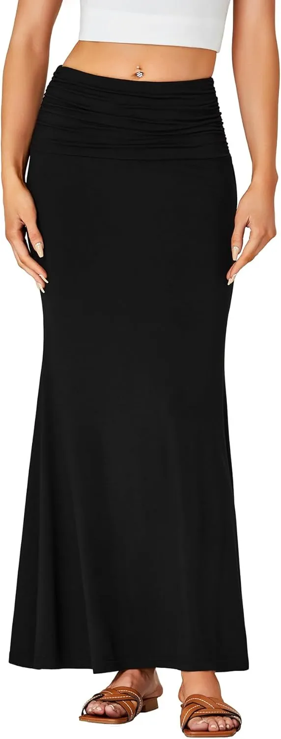 LYANER Women's Fold Over Waist Maxi Skirt Lightweight Floor Length Flared Long Skirts