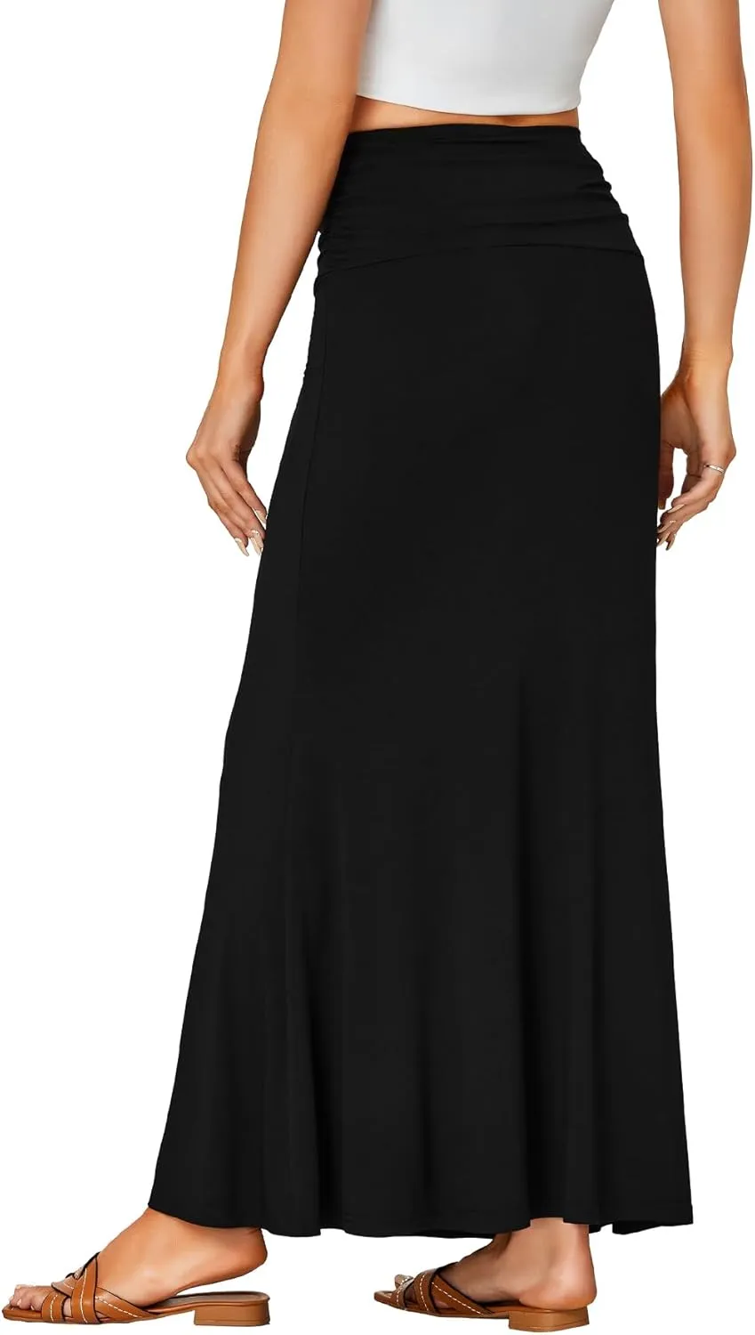 LYANER Women's Fold Over Waist Maxi Skirt Lightweight Floor Length Flared Long Skirts