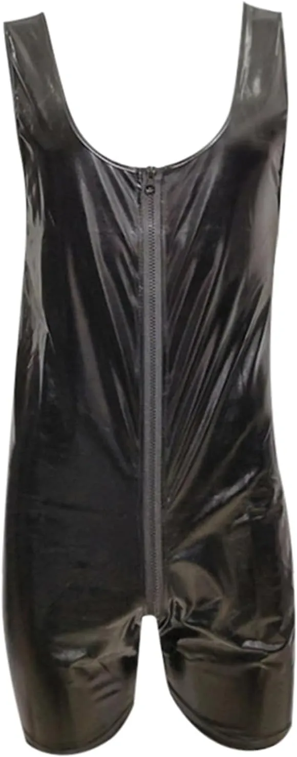 Mens Patent Leather Bodysuit with Boxer Briefs Zipper Tight Swimsuit Mankini Sleeveless Nightclub Costume Clubwear