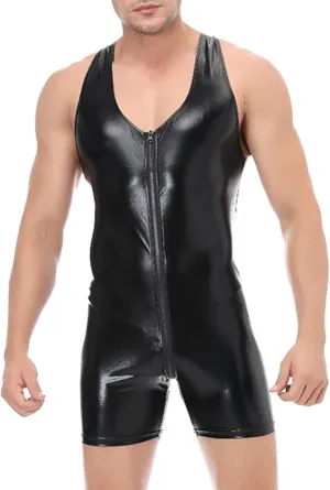 Mens Patent Leather Bodysuit with Boxer Briefs Zipper Tight Swimsuit Mankini Sleeveless Nightclub Costume Clubwear