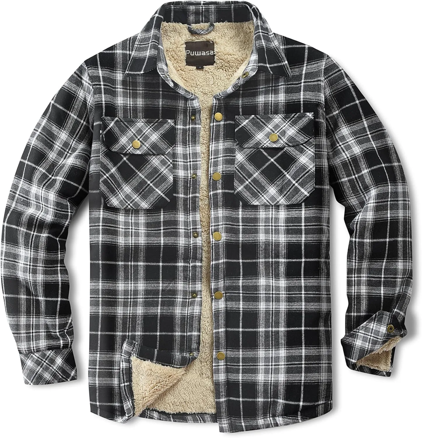 Men's Sherpa Lined Cotton Flannel Shirt Jacket Plaid Button Up Jacket Coat for Men with Pocket