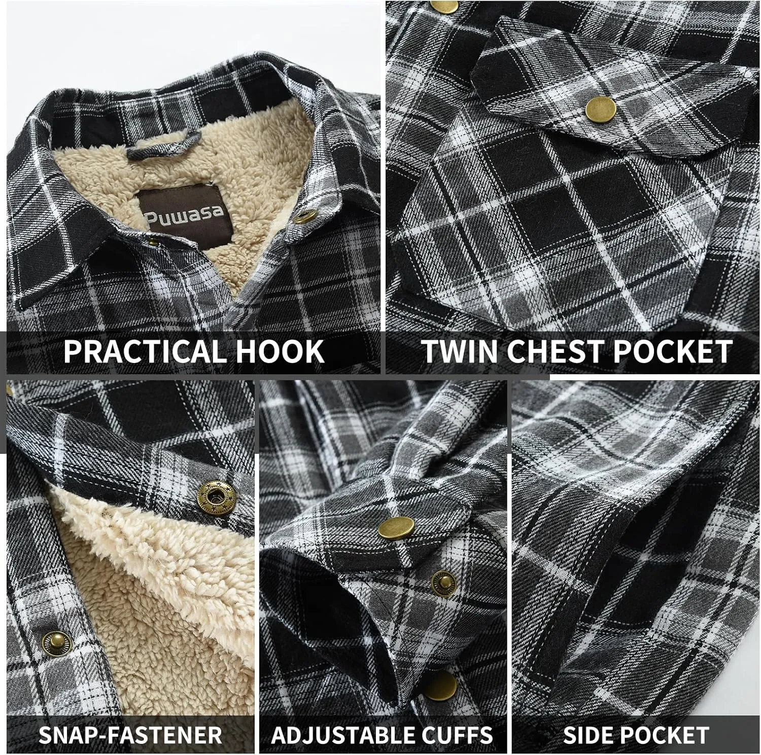 Men's Sherpa Lined Cotton Flannel Shirt Jacket Plaid Button Up Jacket Coat for Men with Pocket