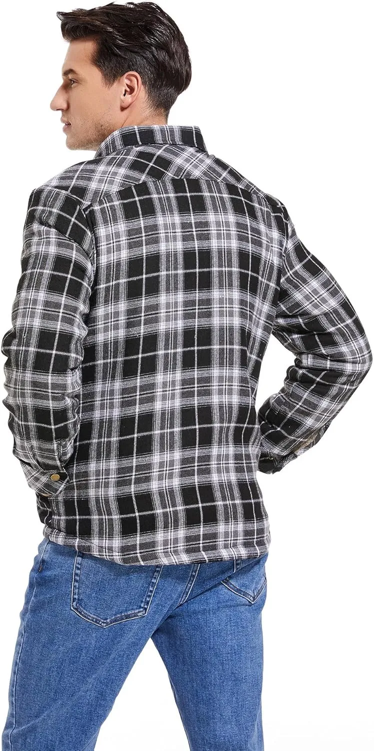 Men's Sherpa Lined Cotton Flannel Shirt Jacket Plaid Button Up Jacket Coat for Men with Pocket