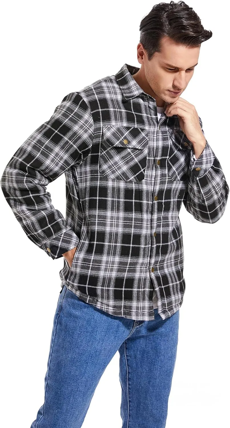 Men's Sherpa Lined Cotton Flannel Shirt Jacket Plaid Button Up Jacket Coat for Men with Pocket