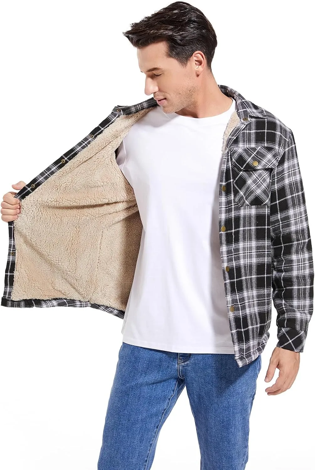 Men's Sherpa Lined Cotton Flannel Shirt Jacket Plaid Button Up Jacket Coat for Men with Pocket