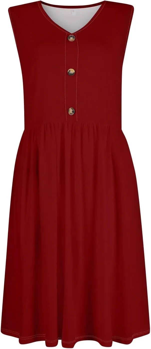 Midi Dresses for Women Summer Scoop Neck Midi Dress Button Casual Sleeveless Elegant Formal Work Dress with Pocket