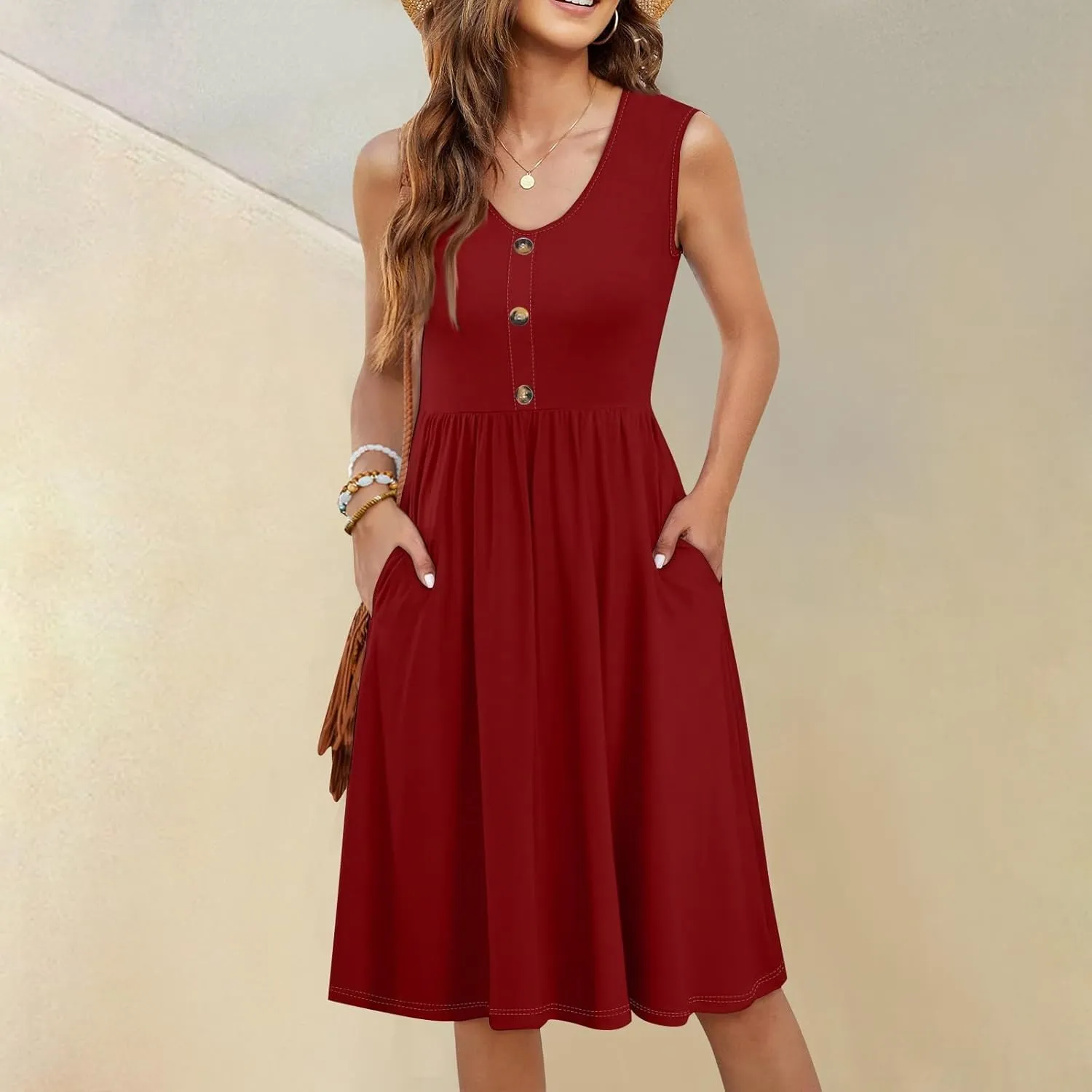 Midi Dresses for Women Summer Scoop Neck Midi Dress Button Casual Sleeveless Elegant Formal Work Dress with Pocket
