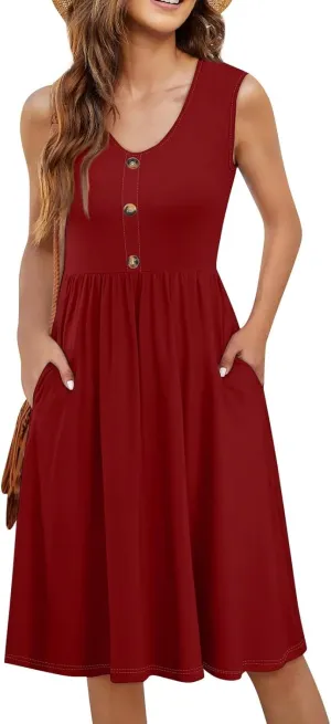 Midi Dresses for Women Summer Scoop Neck Midi Dress Button Casual Sleeveless Elegant Formal Work Dress with Pocket