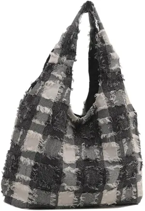 Molodo Plaid Tote Bag for Women Soft Hobo Bag for Work Fluffy Shoulder Bag Large Tote Handbag Purses Vintage Satchel Bag