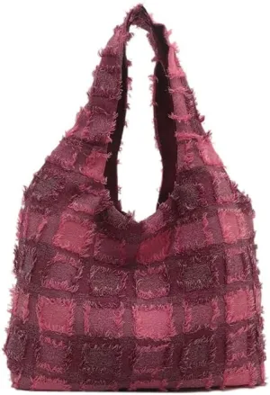 Molodo Plaid Tote Bag for Women Soft Hobo Bag for Work Fluffy Shoulder Bag Large Tote Handbag Purses Vintage Satchel Bag
