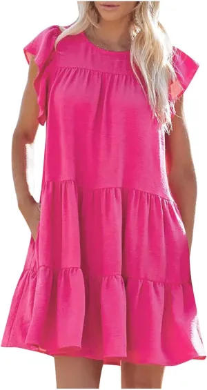 NaRHbrg Women's 2025 Summer Casual Short Dress Solid Ruffle Trim Cap Sleeve Tunic Dresses A-line Layered Swing Flowy Sundress