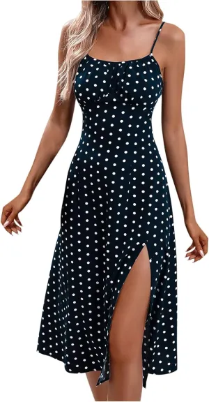 NaRHbrg Women's Polka Dot Spaghetti Strap Midi Dress High Waist Slit Flowy Summer Beach Casual Sundress