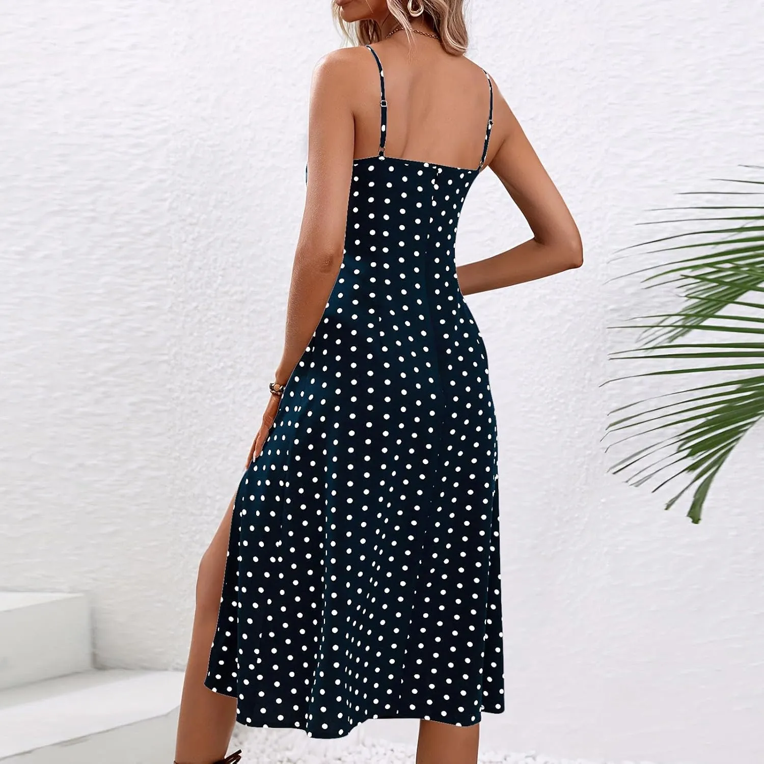 NaRHbrg Women's Polka Dot Spaghetti Strap Midi Dress High Waist Slit Flowy Summer Beach Casual Sundress