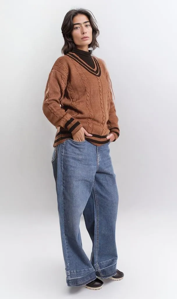 o201344-RIBBED V-NECK SWEATER - BROWN
