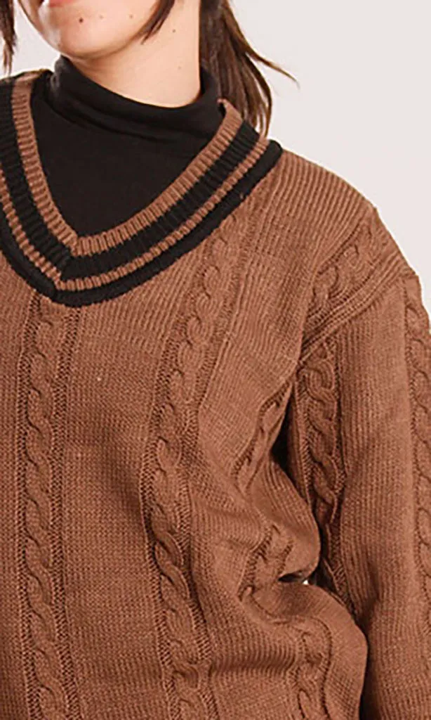 o201344-RIBBED V-NECK SWEATER - BROWN