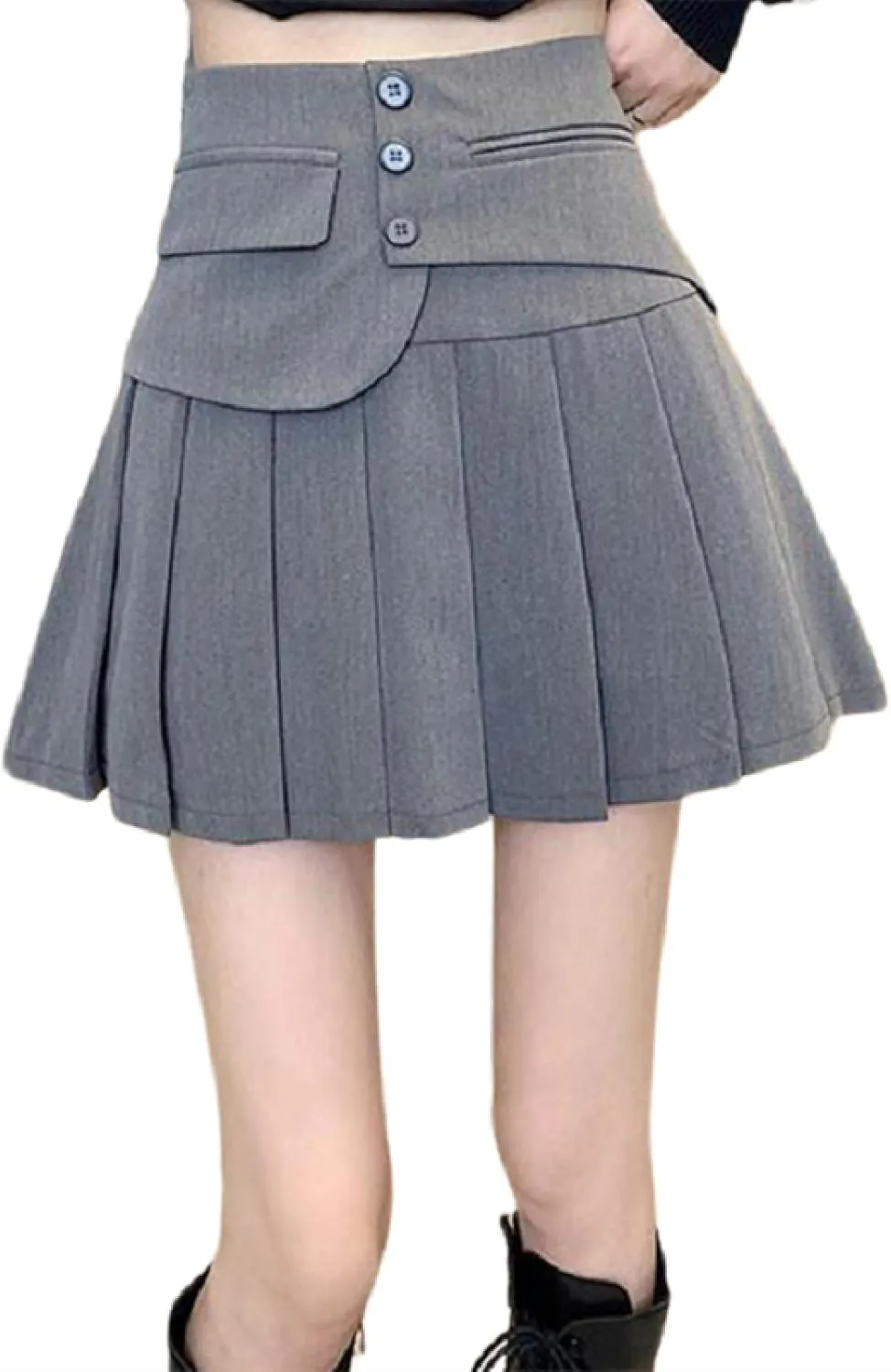 OFFSUM Womens Short Skirts - Korean Style High Waist Mini Skirts Women Fashion Button Patchwork Pleated Skirt A-Line