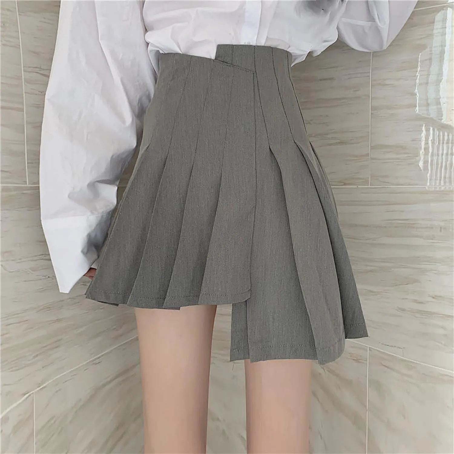 OFFSUM Womens Short Skirts - Solid Color Irregular Pleated Skirt Women High Waist A-Line Streetwear Korean Style Fash